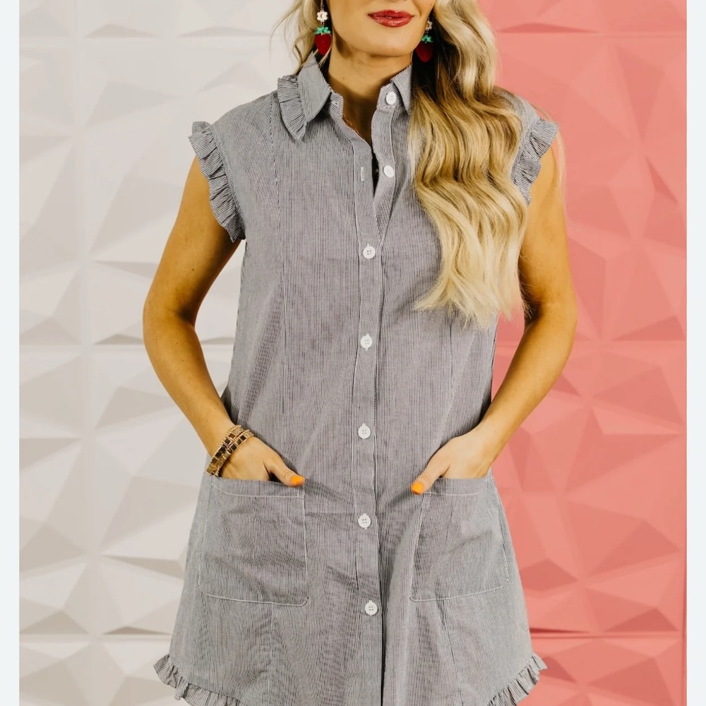 Pin Stripped Shirt Dress with Ruffles